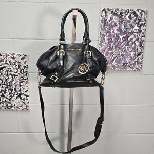 Michael Kors Black Leather Shoulder Satchel with Gold Hardware